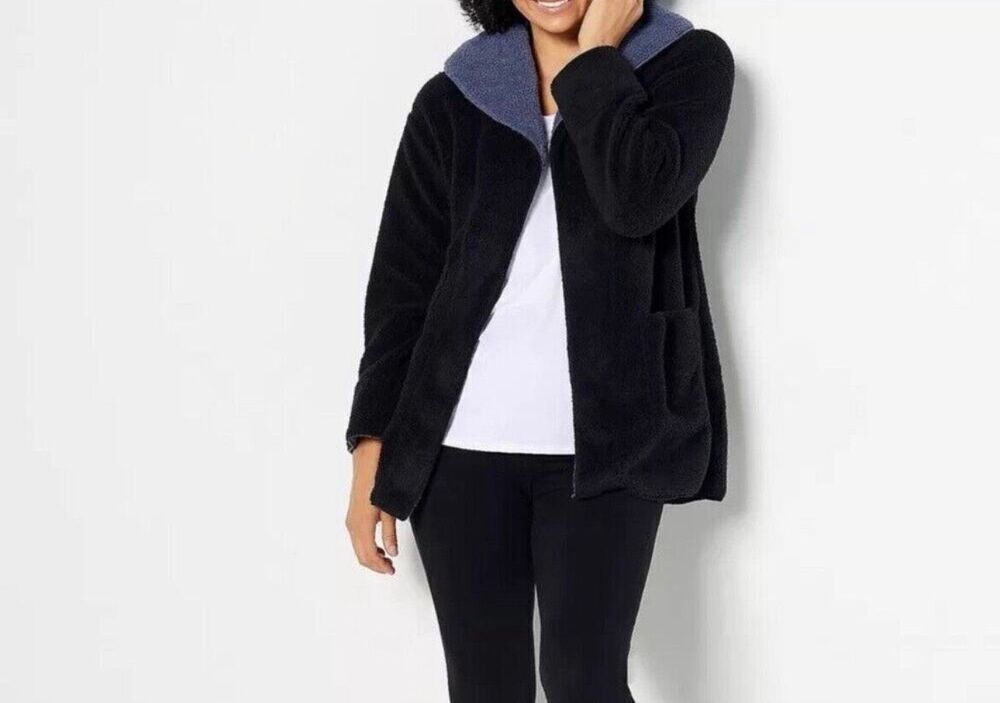 Koolaburra by UGG Sherpa Fleece Shawl Collar Cardigan jacket black gray-ish blue